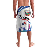 White Panama sarong with large "PANAMA" print, blue crowd silhouettes, and red accents