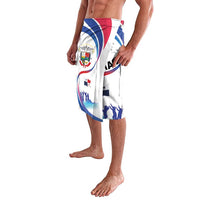White lavalava side view with Panama colors, emblem, and blue star-and-swirls print
