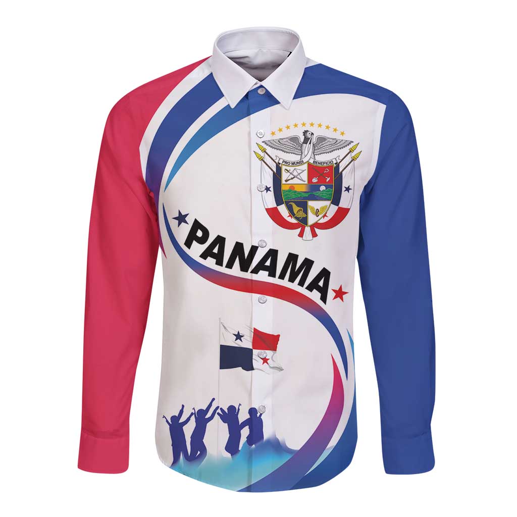 White long-sleeve button shirt with Panama emblem and flag graphic on front