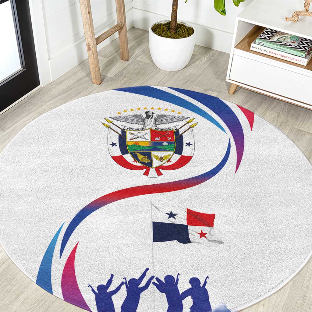 Round white carpet with Panama coat of arms, flag, and blue silhouette dance graphic