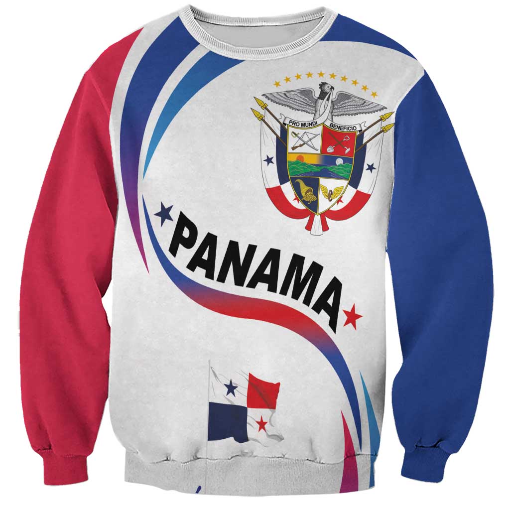 Unisex crewneck sweatshirt with Panama crest and flag graphic, red and blue sleeves