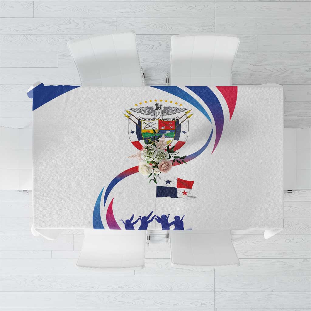 White tablecloth with Panama coat of arms, flag colors, and decorative graphic print