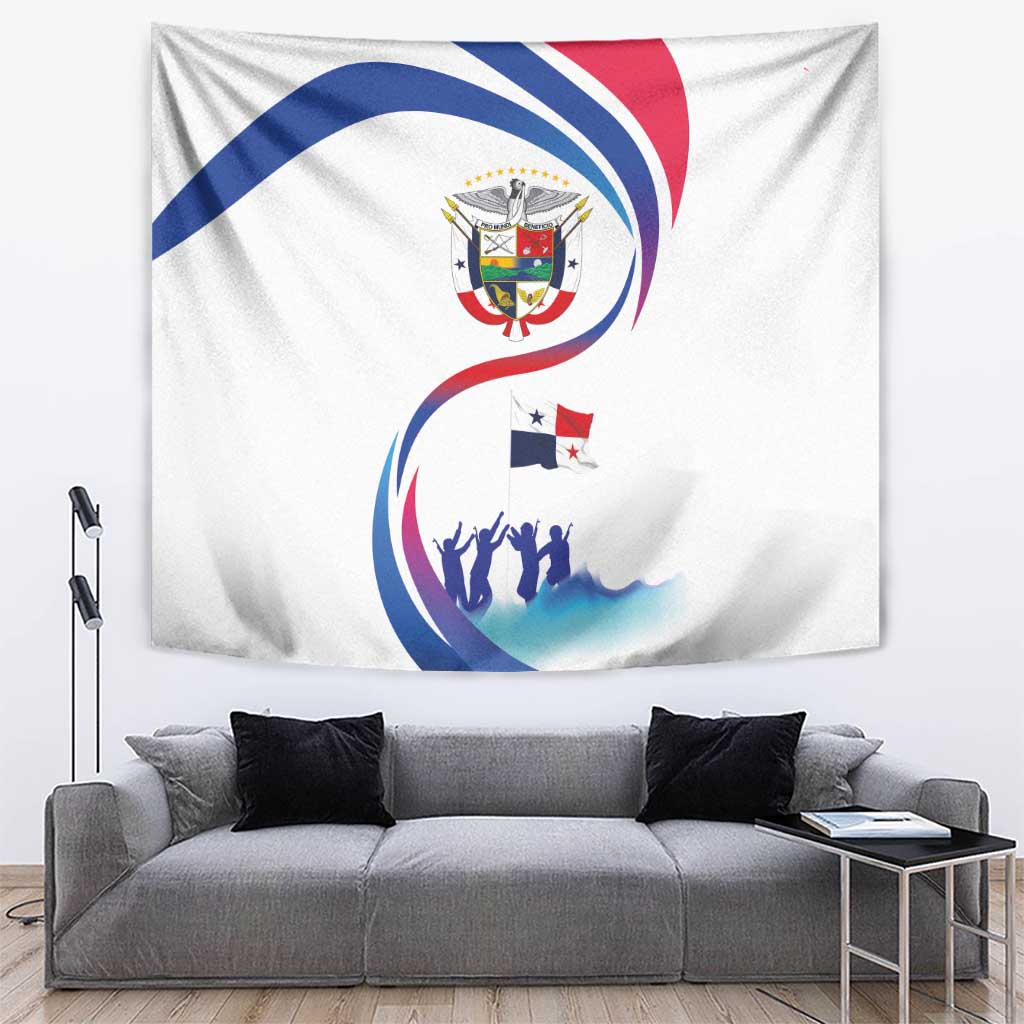 White tapestry featuring Panama coat of arms, blue-red swirl, and raised-hands crowd silhouettes