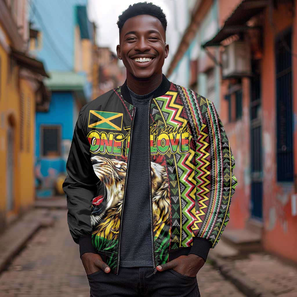 Personalized Jamaican Reggae-One Love Bomber Jacket Tribal African Pattern and Roaring Lion - Wonder Print Shop