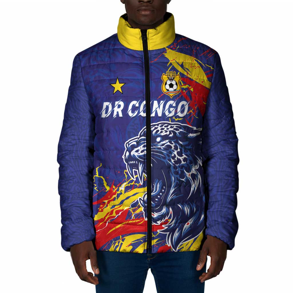 Custom DR Congo Football Leopard Mascot Padded Jacket Fierce Leopard Art National Flag Colors