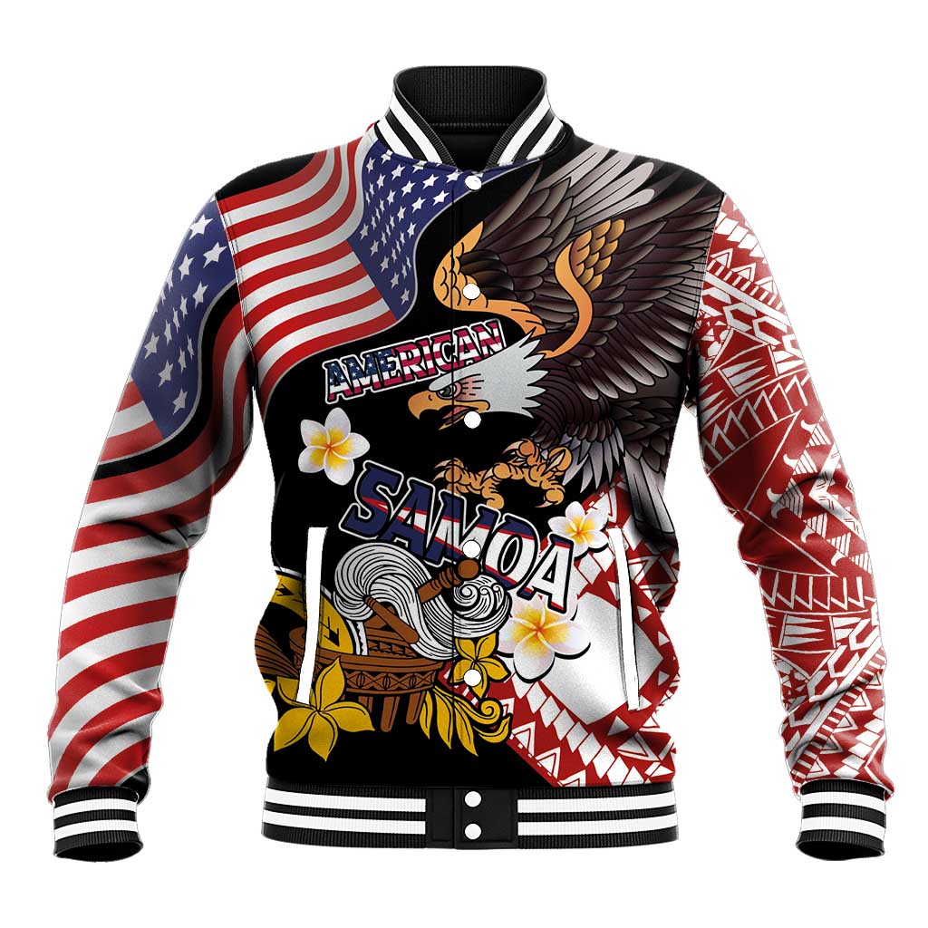 Unisex black baseball jacket with ribbed collar, button front, and eagle 'SAMOA' graphic