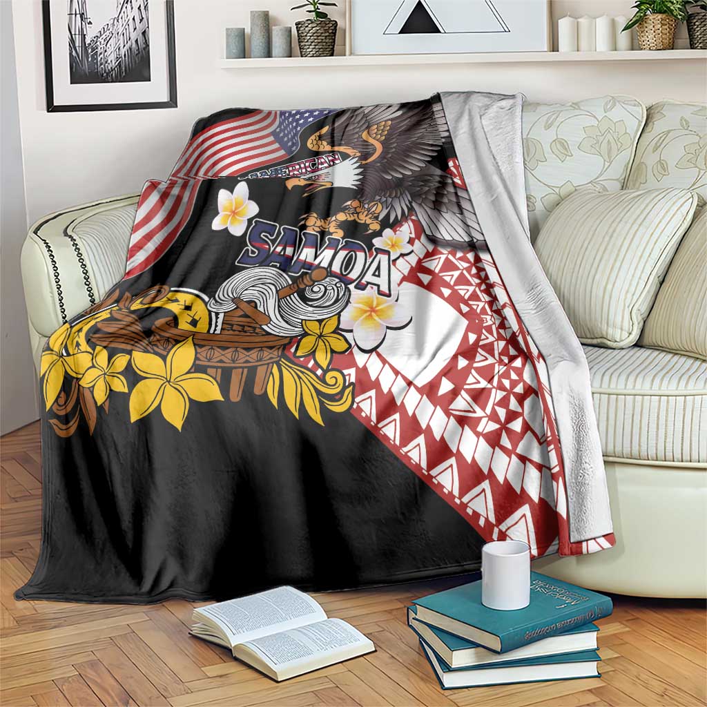 Black throw blanket with eagle, Samoa text, and Polynesian-style patterns and flowers