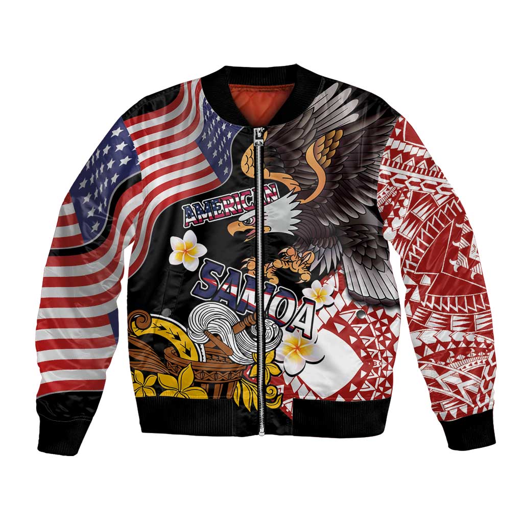 Black unisex bomber jacket with front zip, eagle and Hawaiian-style floral graphic