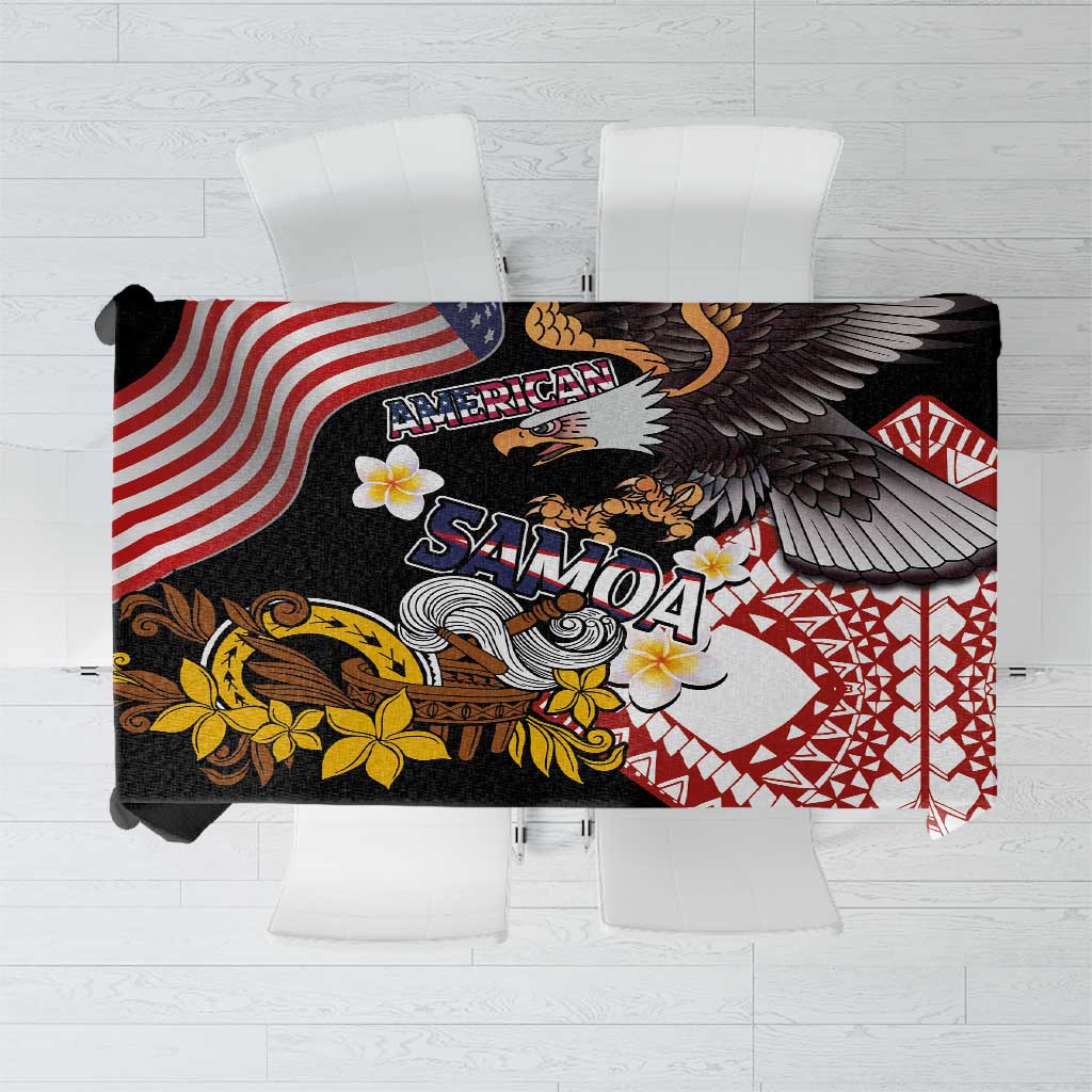 Black rectangular tablecloth with American bald eagle, red tribal motifs, and flower accents