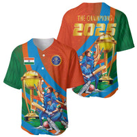 Cricket baseball jersey front and back in orange, blue, and green with trophy graphics
