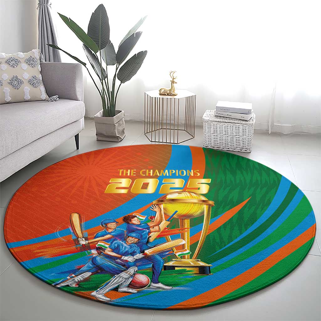 Round orange cricket-themed rug featuring trophy players graphic, 'THE CHAMPIONS 2025'