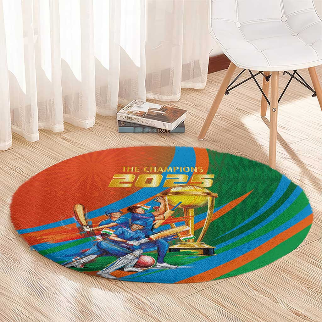 Round orange cricket-themed rug with trophy players and 'THE CHAMPIONS 2025' design