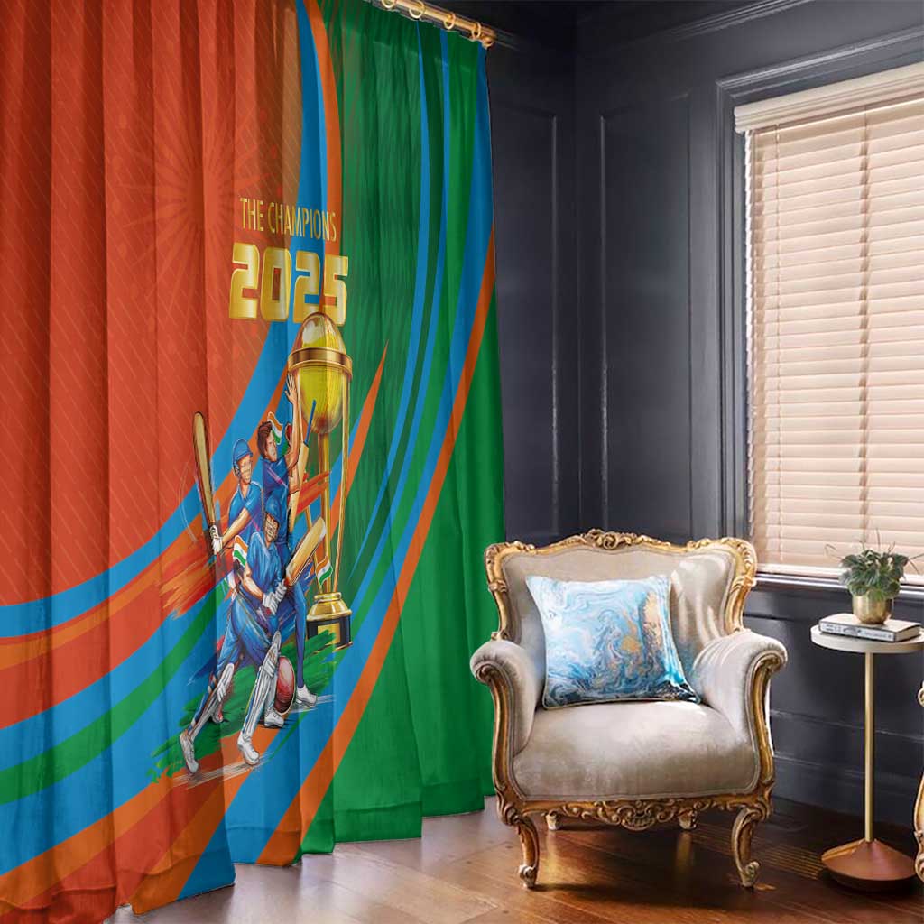Cricket 2025 champion window curtains in orange and green with player and trophy print