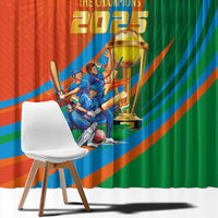 Cricket 2025 champion curtain with player and trophy graphic in orange and green