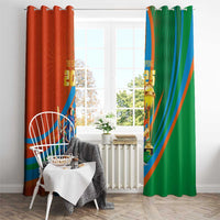 Orange and green cricket 2025 champion curtains with large trophy emblem and players