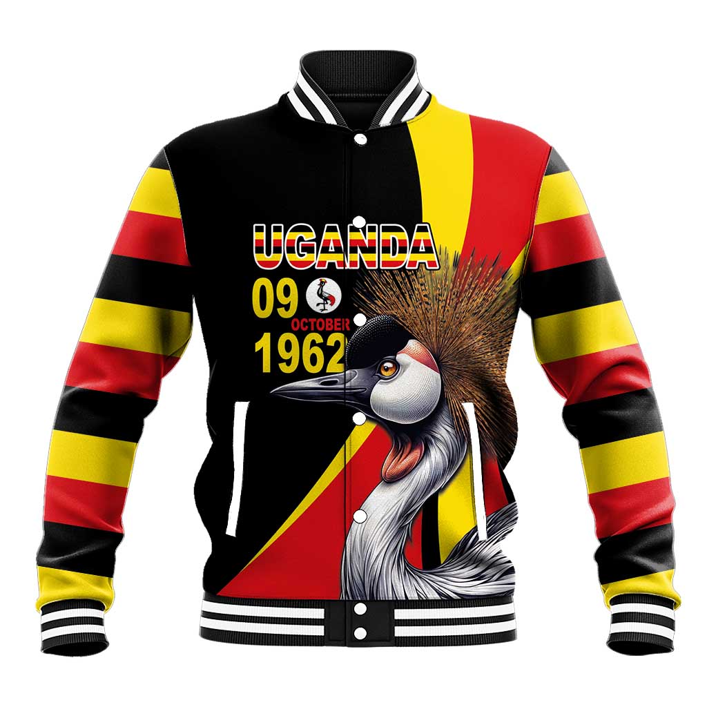 Unisex black baseball jacket with ribbed collar, stripes, and Uganda bird front graphic