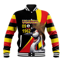 Unisex black baseball jacket with ribbed collar, stripes, and Uganda bird front graphic