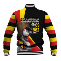 Unisex black baseball jacket with ribbed cuffs and back Uganda bird graphic with stripes