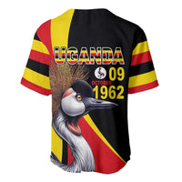 Black baseball jersey with red/yellow stripes; Uganda 09 1962 crowned crane front graphic