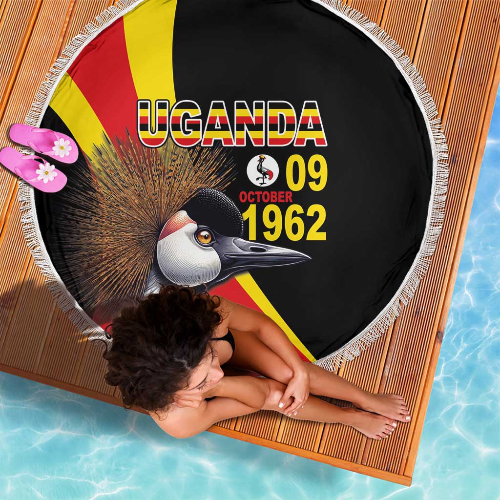 Round black beach blanket with Uganda flag design and crowned crane; shows 09 Oct 1962