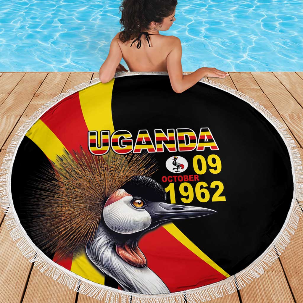 Round black beach blanket with Uganda flag colors, crowned crane portrait, and 09 Oct 1962