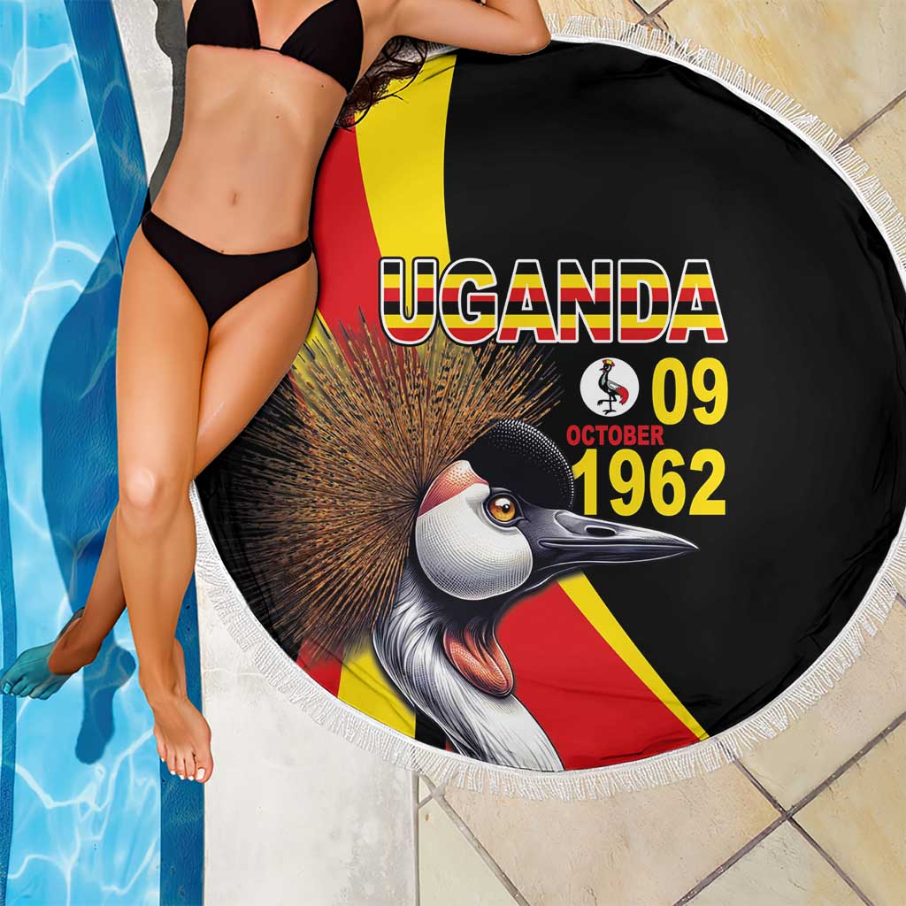 Round black beach blanket with crowned crane and Uganda flag stripes; shows 09 Oct 1962
