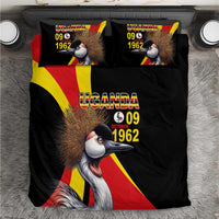 Black bedding set with crowned crane graphic, Uganda text, and flag stripes; 2 pillow covers