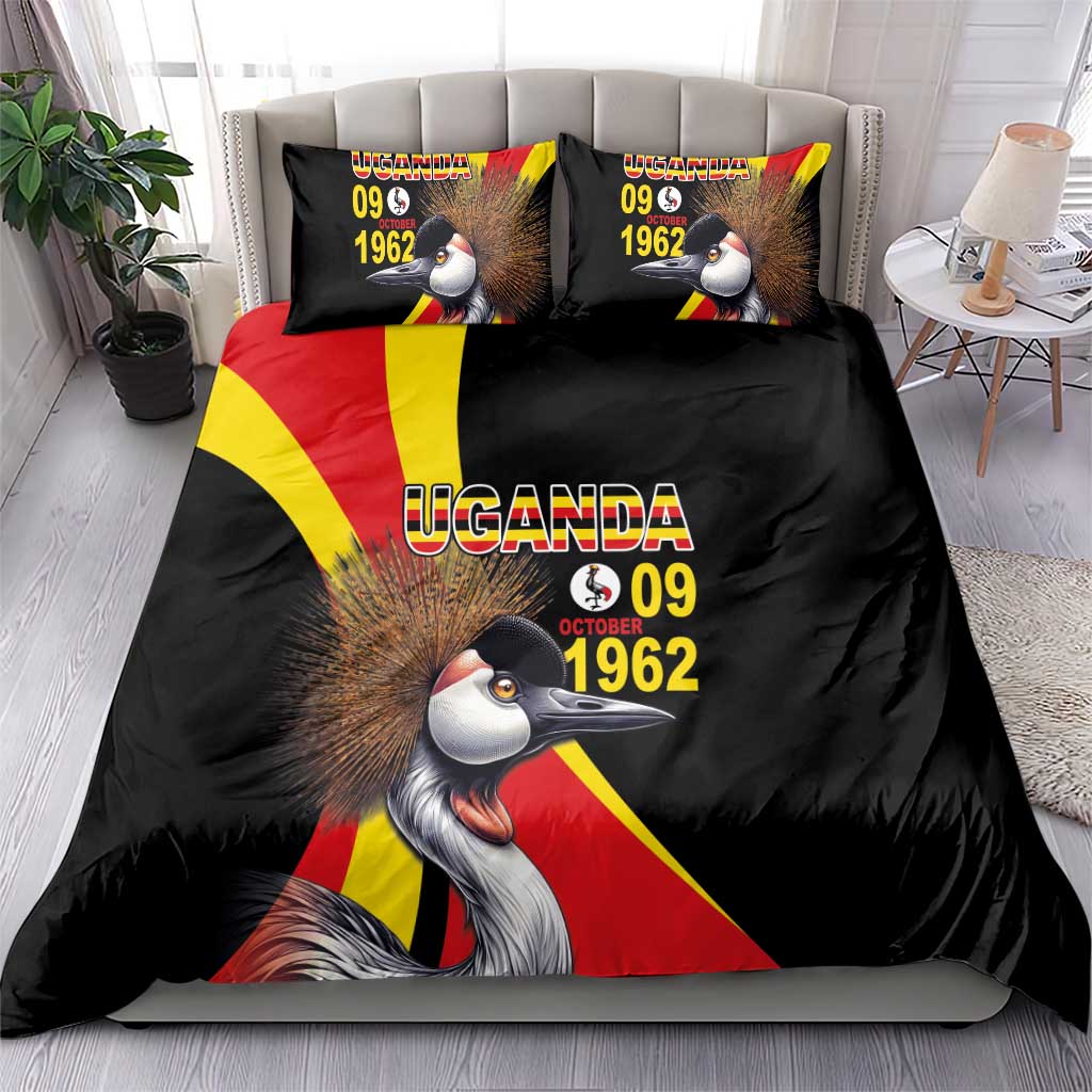 Black Uganda flag-themed bedding set with crowned crane print and “1962” date; 2 pillow covers