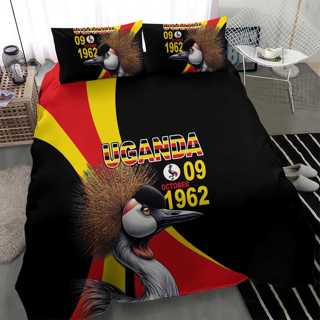 Black duvet cover set featuring crowned crane artwork, Uganda lettering, and “1962” on flag rays