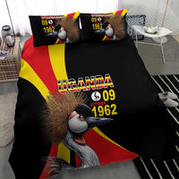 Black duvet cover set featuring crowned crane artwork, Uganda lettering, and “1962” on flag rays