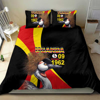 Black bedding set with crowned crane graphic, Uganda “09 October 1962” text, and flag diagonal design