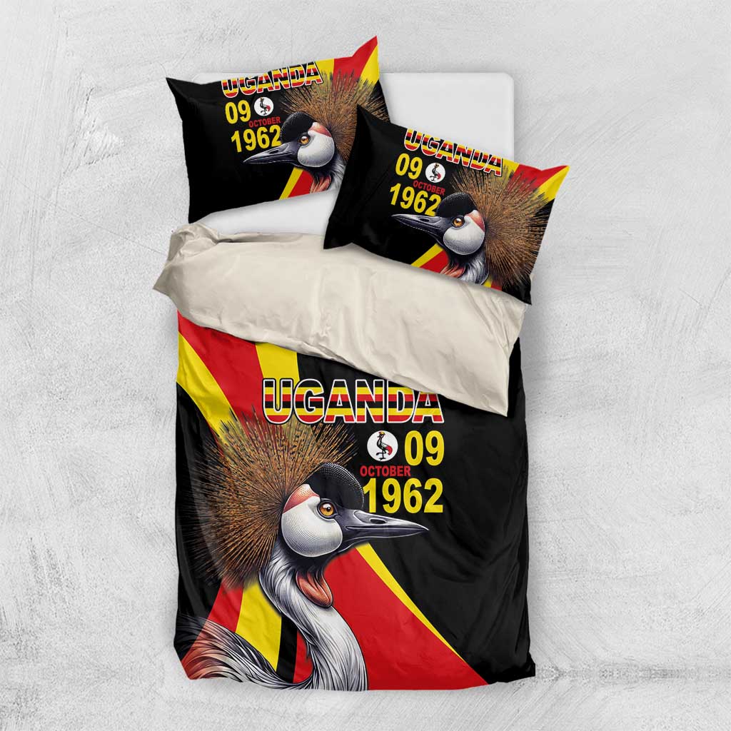 Black duvet and pillow set with crowned crane artwork, Uganda text, and “1962” date on flag rays