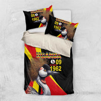 Black duvet and pillow set with crowned crane artwork, Uganda text, and “1962” date on flag rays