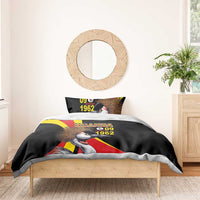 Black duvet cover with crowned crane print, Uganda “1962” text, and red-yellow flag rays; 1 pillow