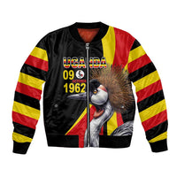 Black bomber jacket with Uganda flag stripes and crowned cranes front graphic