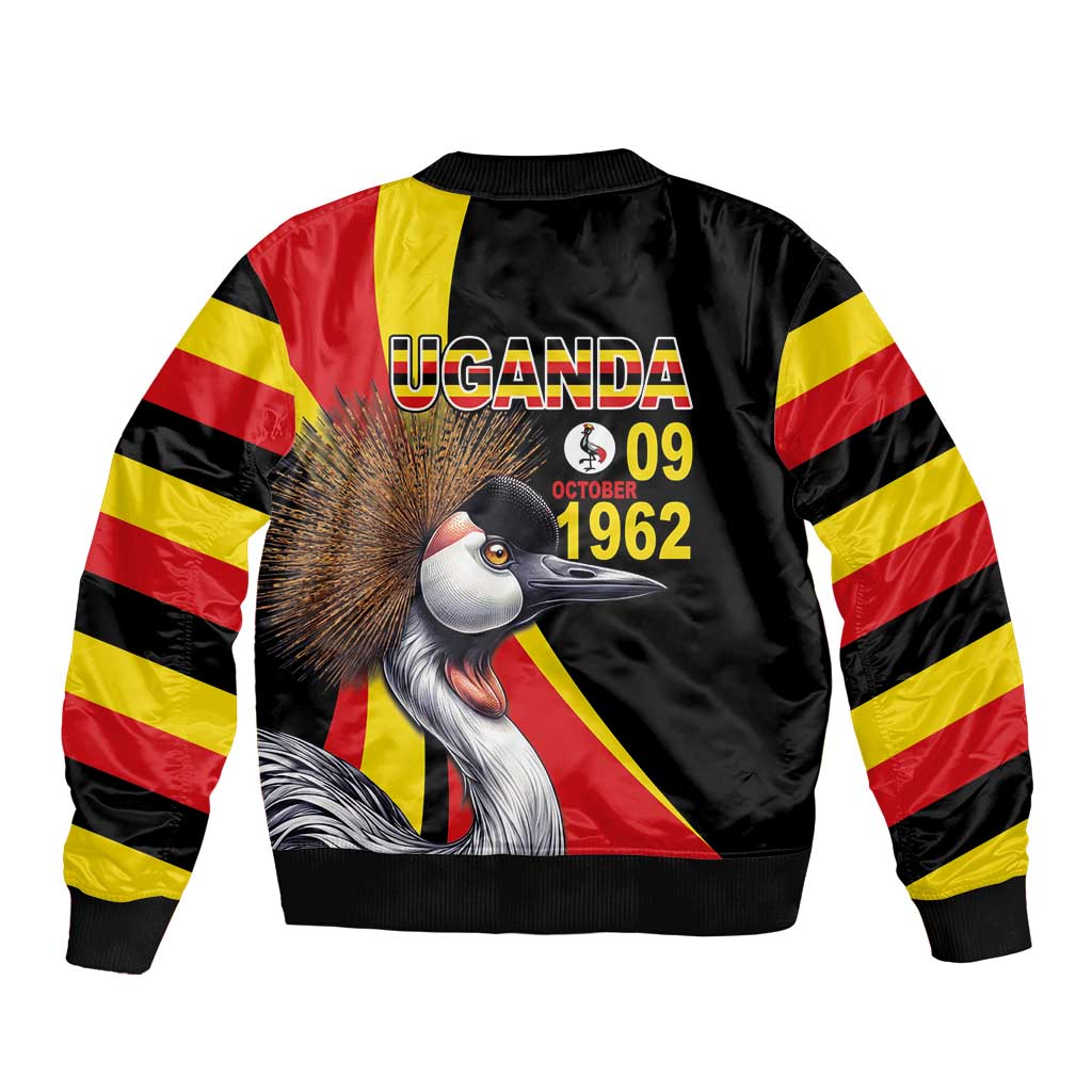 Black bomber jacket with Uganda flag stripes and crowned cranes back graphic