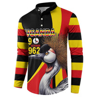 Black button-front sweatshirt featuring Uganda text, October 09 1962, crowned crane, and flag stripes