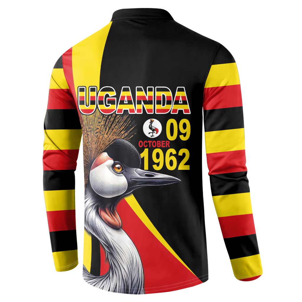 Black back view button-front sweatshirt with Uganda text and crowned crane graphic on flag stripes