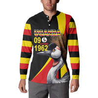 Black Uganda button-front sweatshirt with crowned crane design and flag stripe sleeves, front view