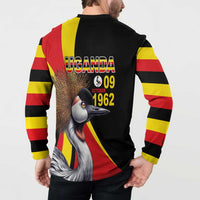 Black back view button-front sweatshirt with crowned crane, Uganda 09 October 1962, flag stripe design