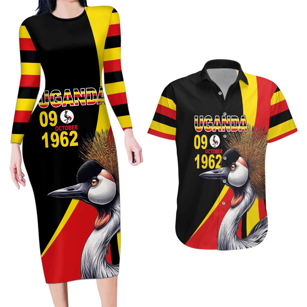 Uganda Independence Day with Crowned Cranes Couples Matching Long Sleeve Bodycon Dress and Hawaiian Shirt - Wonder Print Shop