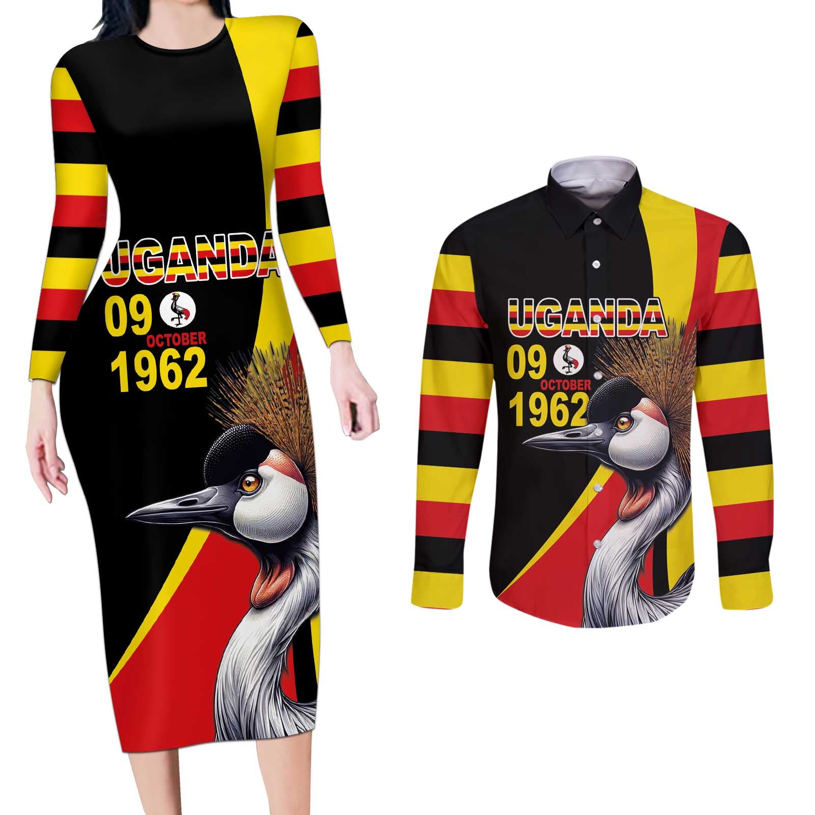 Uganda Independence Day with Crowned Cranes Couples Matching Long Sleeve Bodycon Dress and Long Sleeve Button Shirt - Wonder Print Shop