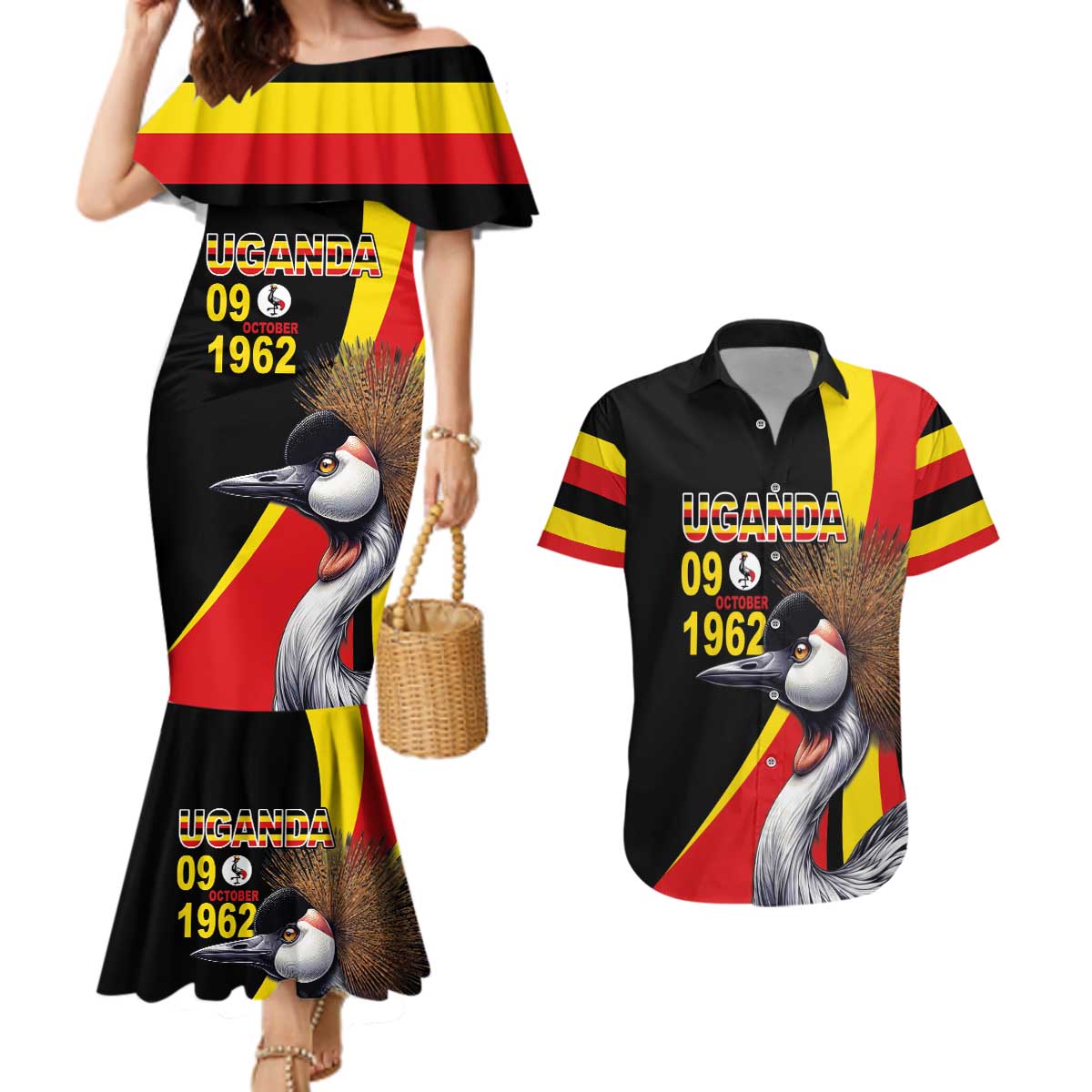 Uganda Independence Day with Crowned Cranes Couples Matching Mermaid Dress and Hawaiian Shirt - Wonder Print Shop