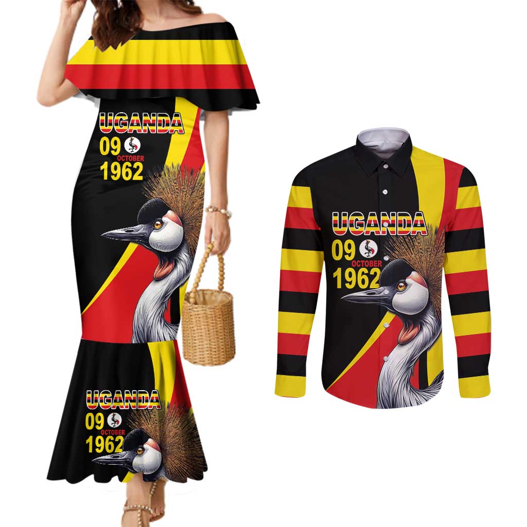 Uganda Independence Day with Crowned Cranes Couples Matching Mermaid Dress and Long Sleeve Button Shirt