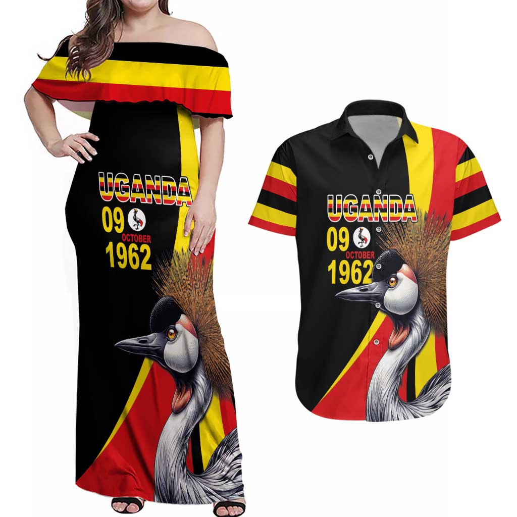 Uganda Independence Day with Crowned Cranes Couples Matching Off Shoulder Maxi Dress and Hawaiian Shirt - Wonder Print Shop