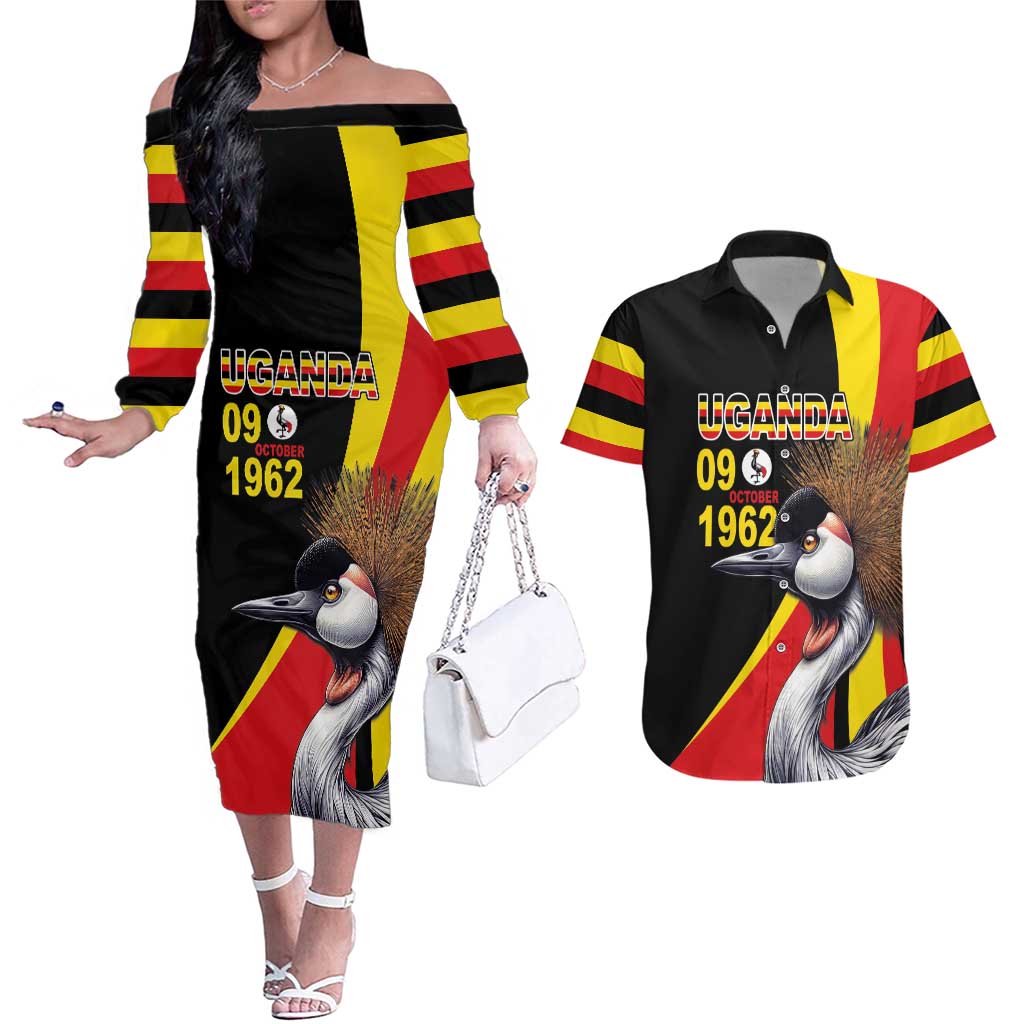 Uganda Independence Day with Crowned Cranes Couples Matching Off The Shoulder Long Sleeve Dress and Hawaiian Shirt - Wonder Print Shop