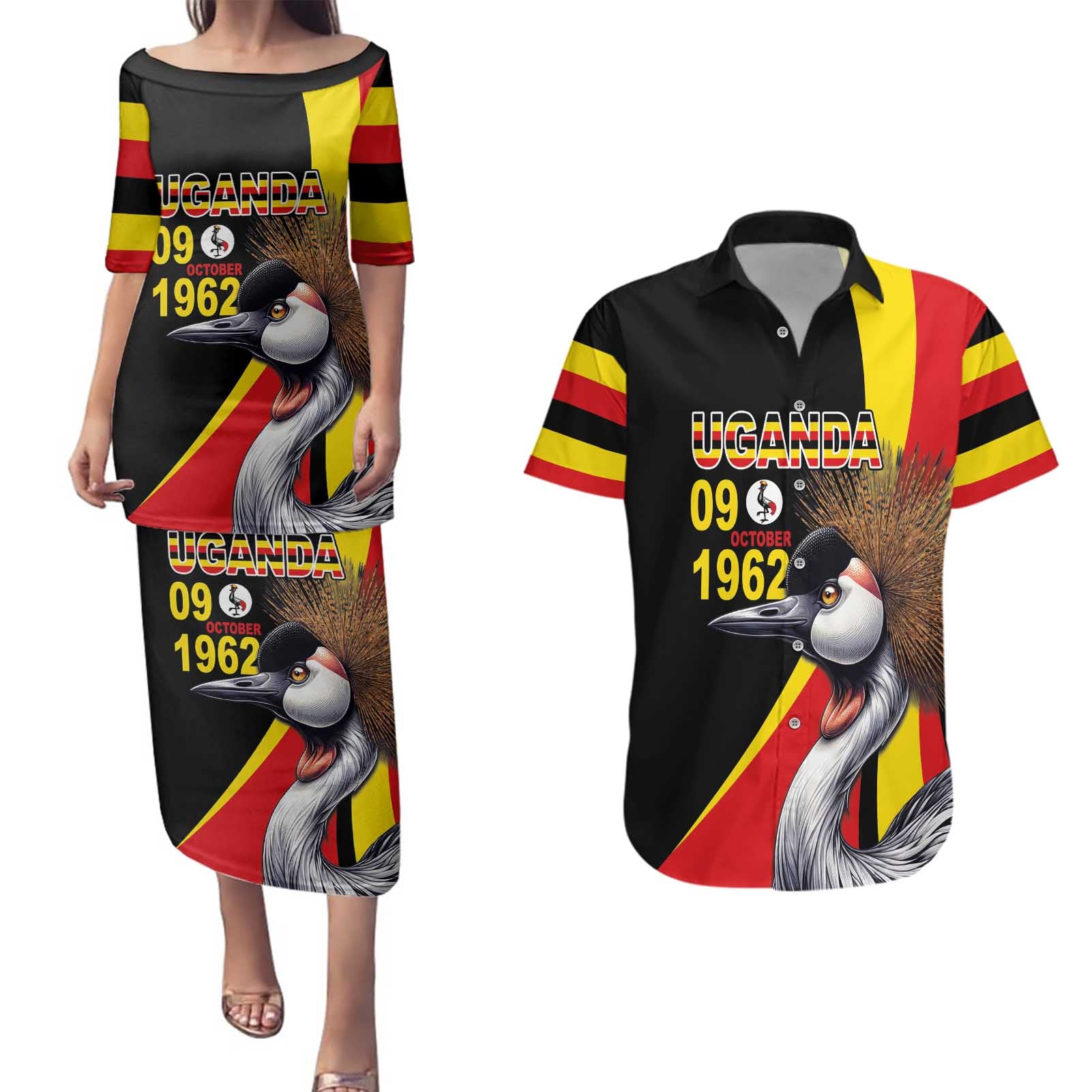 Uganda Independence Day with Crowned Cranes Couples Matching Puletasi and Hawaiian Shirt - Wonder Print Shop