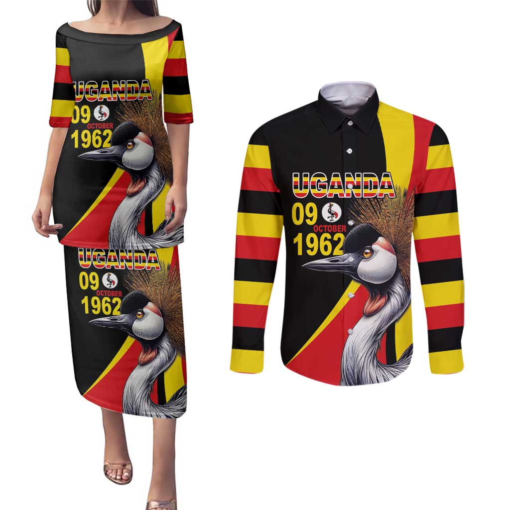 Uganda Independence Day with Crowned Cranes Couples Matching Puletasi and Long Sleeve Button Shirt - Wonder Print Shop