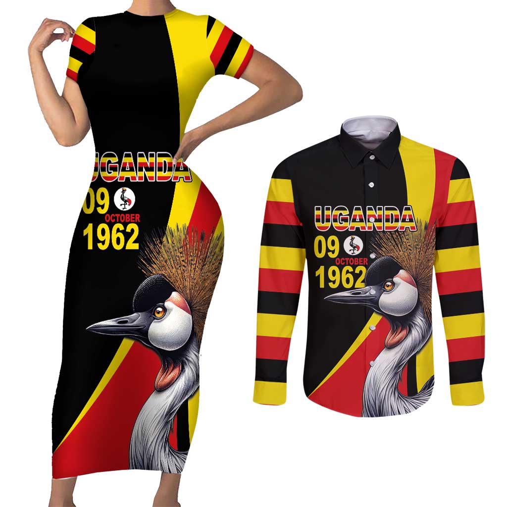 Uganda Independence Day with Crowned Cranes Couples Matching Short Sleeve Bodycon Dress and Long Sleeve Button Shirt - Wonder Print Shop