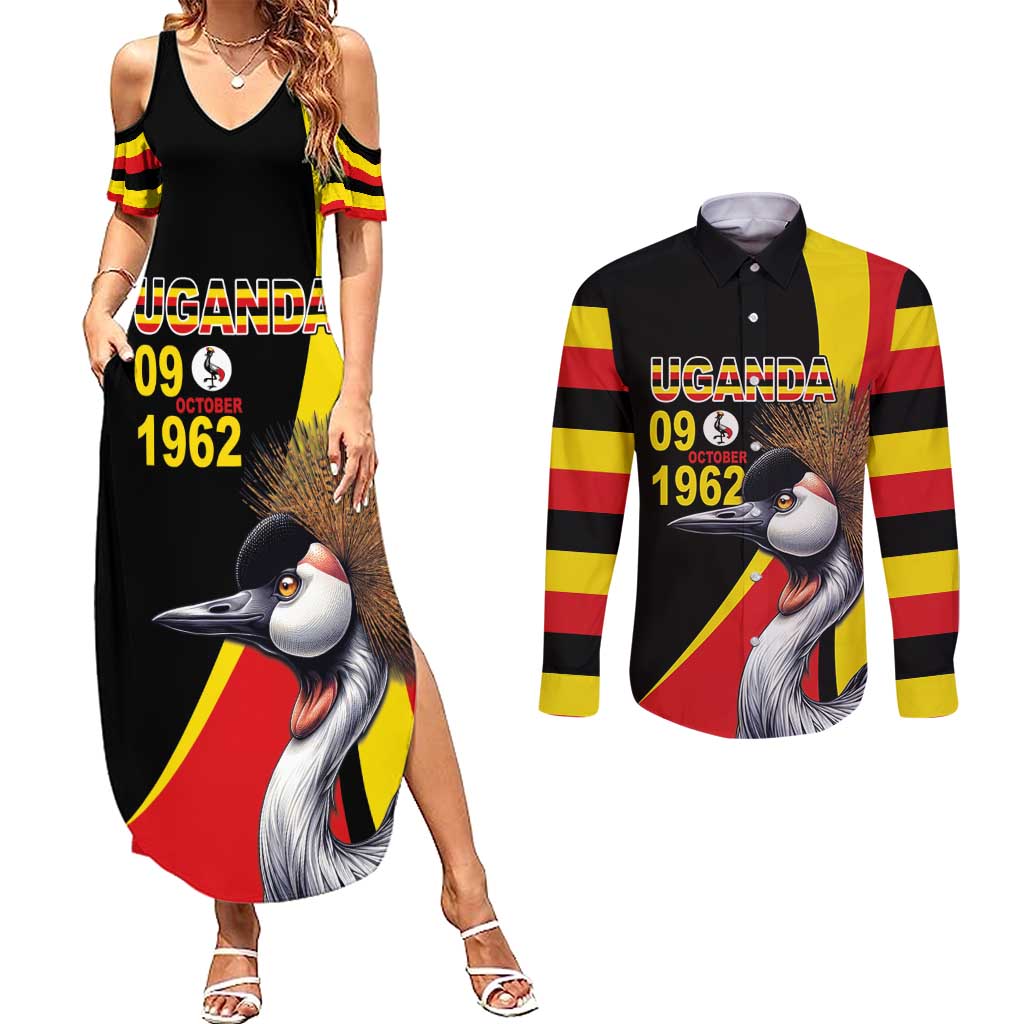 Uganda Independence Day with Crowned Cranes Couples Matching Summer Maxi Dress and Long Sleeve Button Shirt - Wonder Print Shop